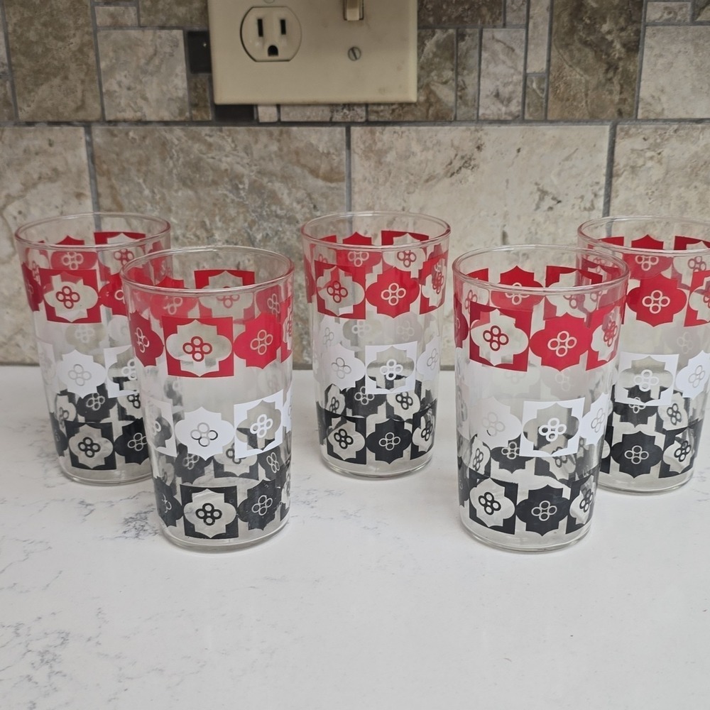 Bartlett Collins Vintage Glass Tumblers Red Black White Floral Retro Set of 5